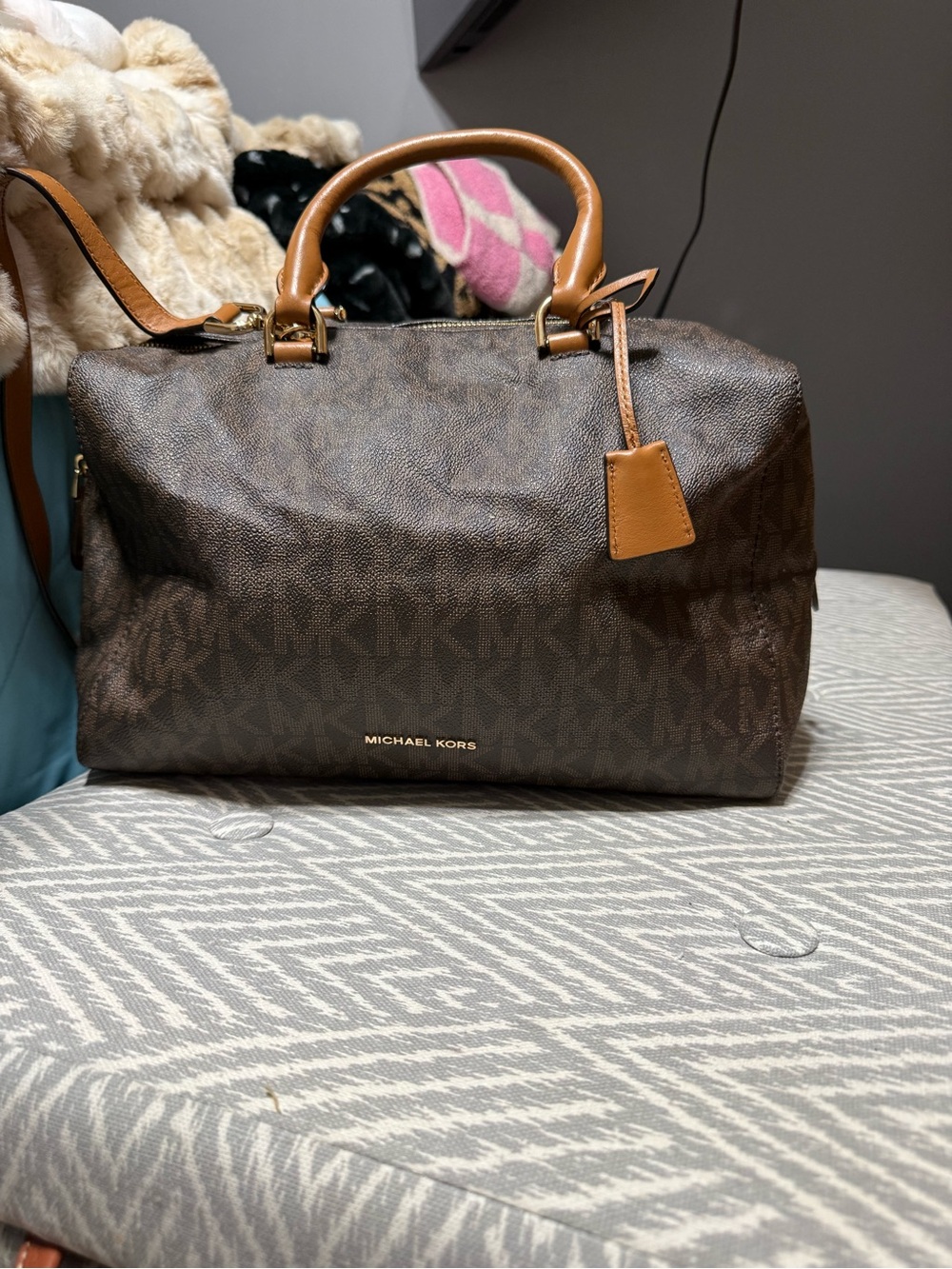 Michael Kors Brown Logo Duffel Bag with Tan Accents